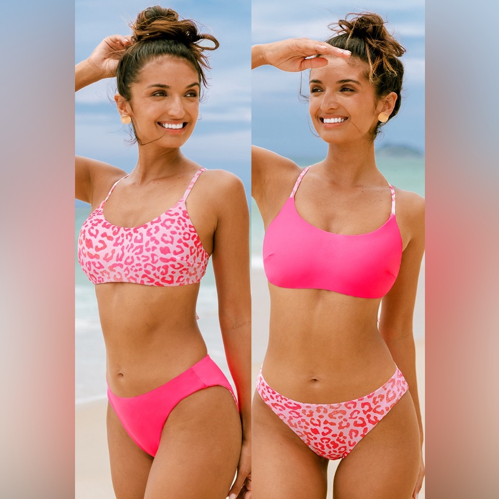 Cupshe Reversible Pink Leopard Bikini Bralette and Bottoms Set NWT Medium